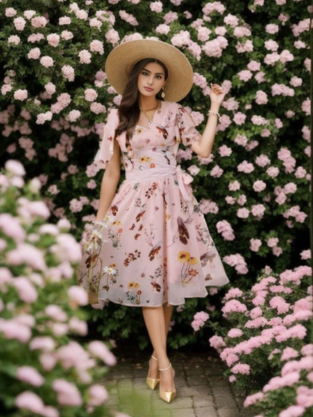 Robe à fleurs rouge pour filles, col carré, nœud papillon doré