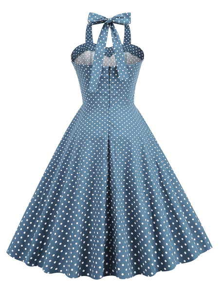 Robe Trapèze Bleue à Pois Années 1950 Rockabilly Pin Up Retro Stage