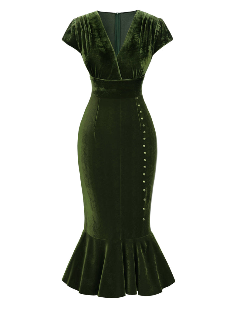 [Pré-vente] Robe de sirène en velours vert à col en V et boutons des années 1930