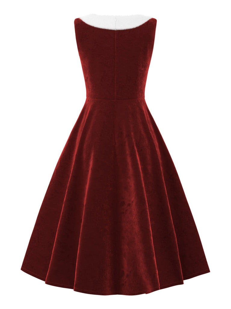 [Pré-vente] Robe en velours rouge à col en fourrure des années 1950