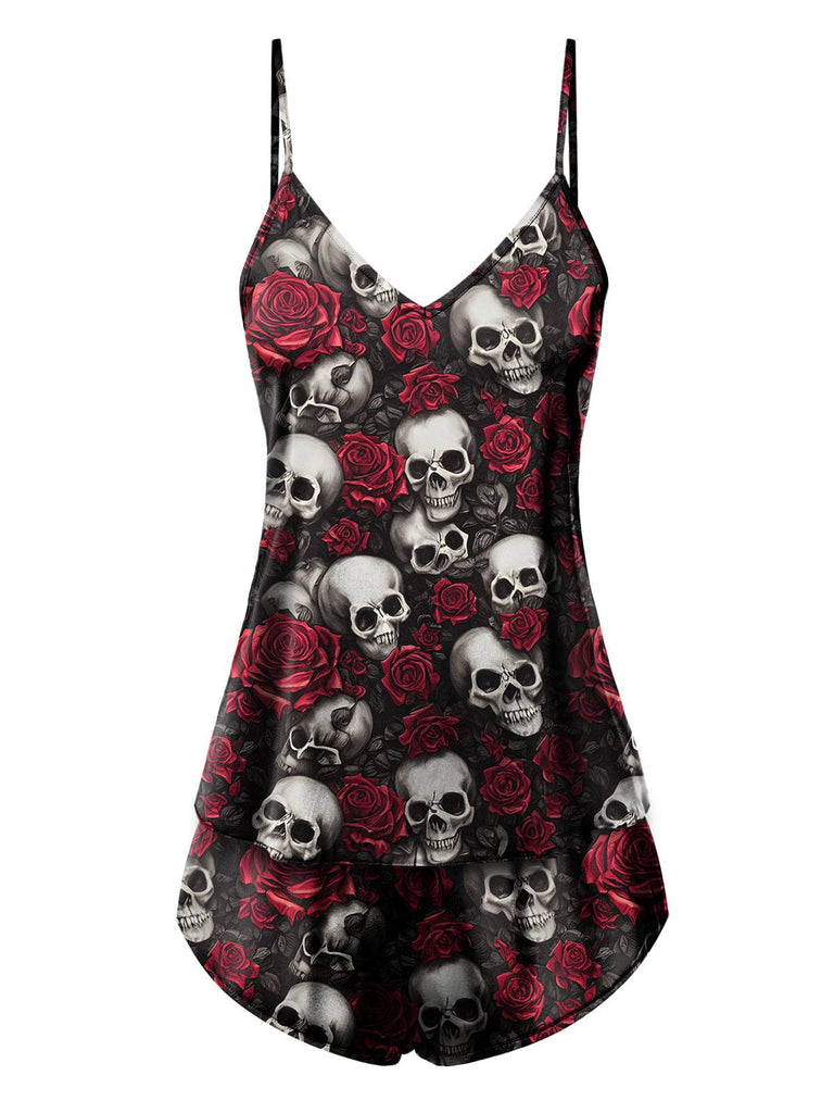 Pyjama noir à bretelles tête de mort et roses des années 1970