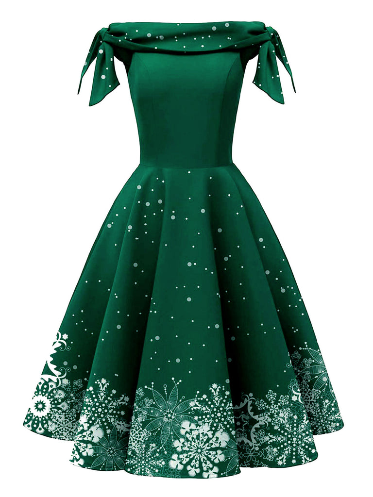 Robe noire à épaules dénudées avec flocons de neige de Noël des années 1950