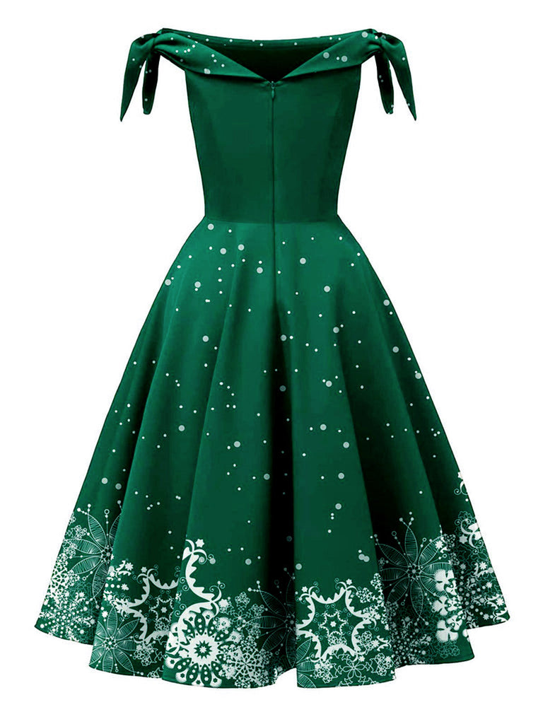 Robe noire à épaules dénudées avec flocons de neige de Noël des années 1950