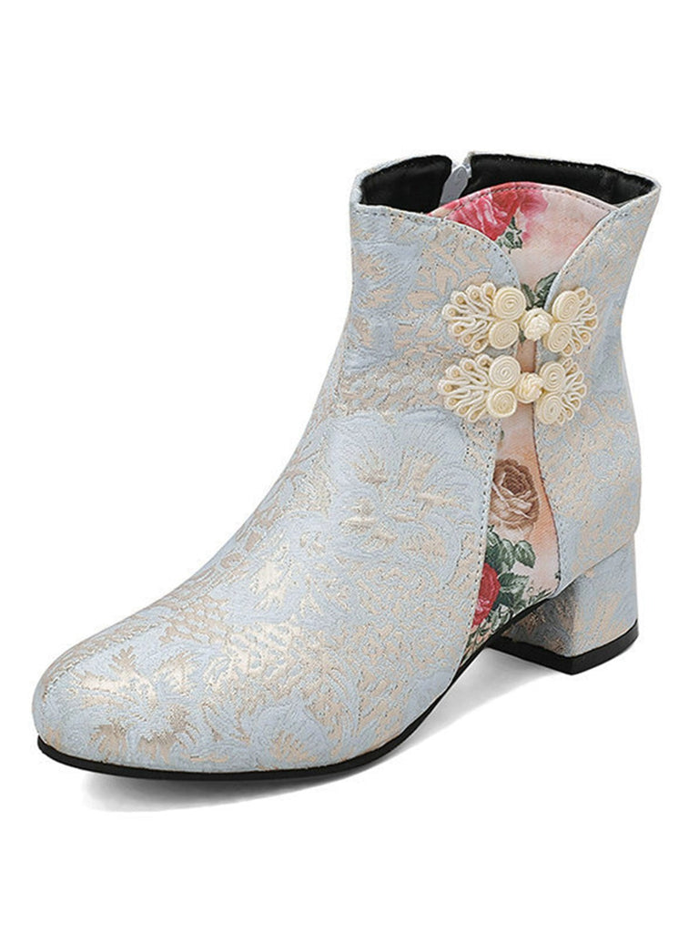 Bottes rétro en cuir à talon moyen et motif floral