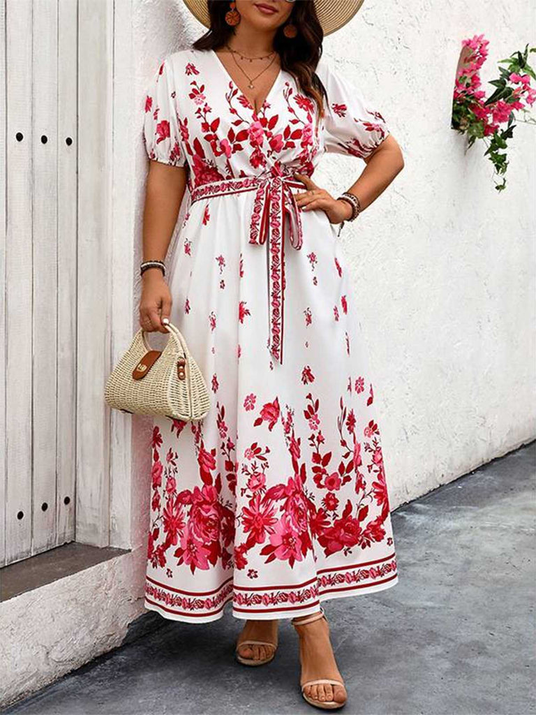 [Grande Taille] Robe blanche à fleurs à col en V et ceinture des années 1950