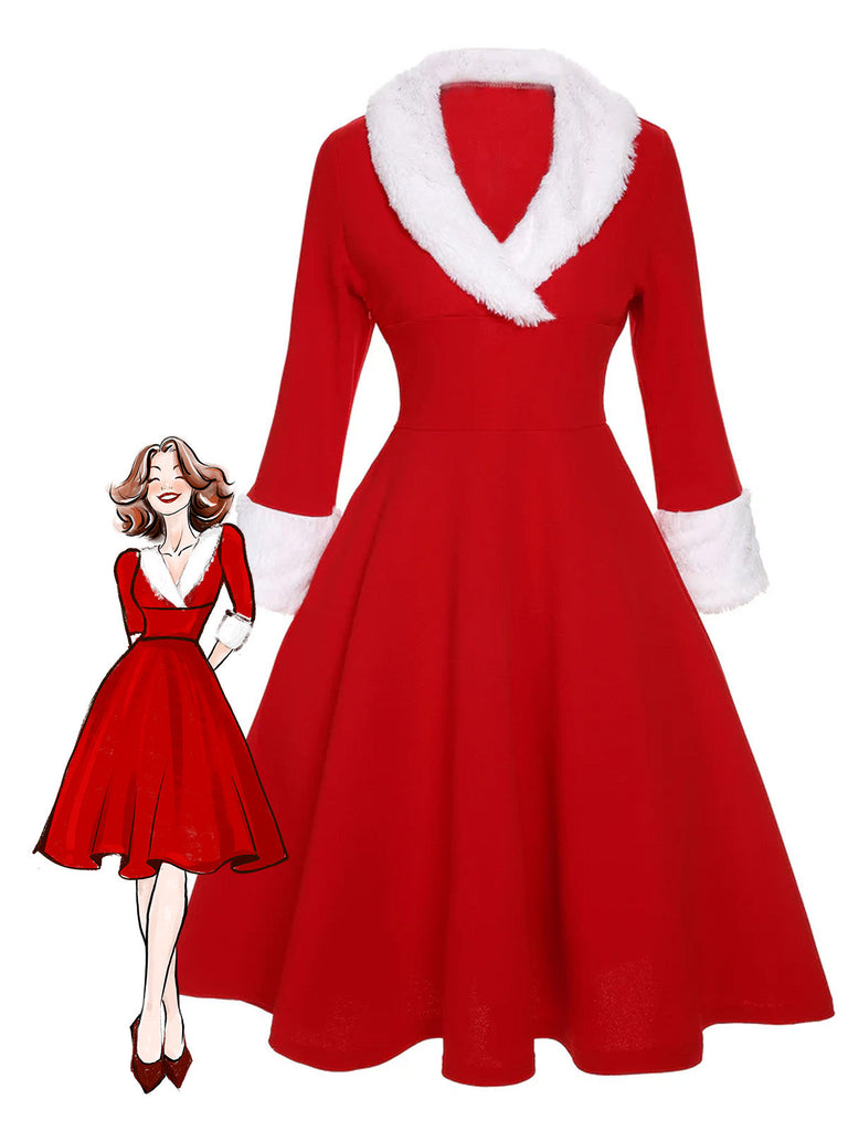 Robe à revers de Noël verte et blanche des années 1950