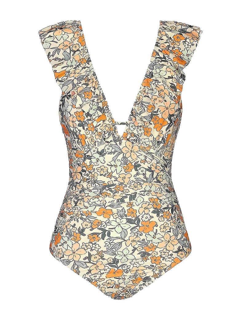 Maillot de bain multicolore à volants floraux et dos creux des années 1950