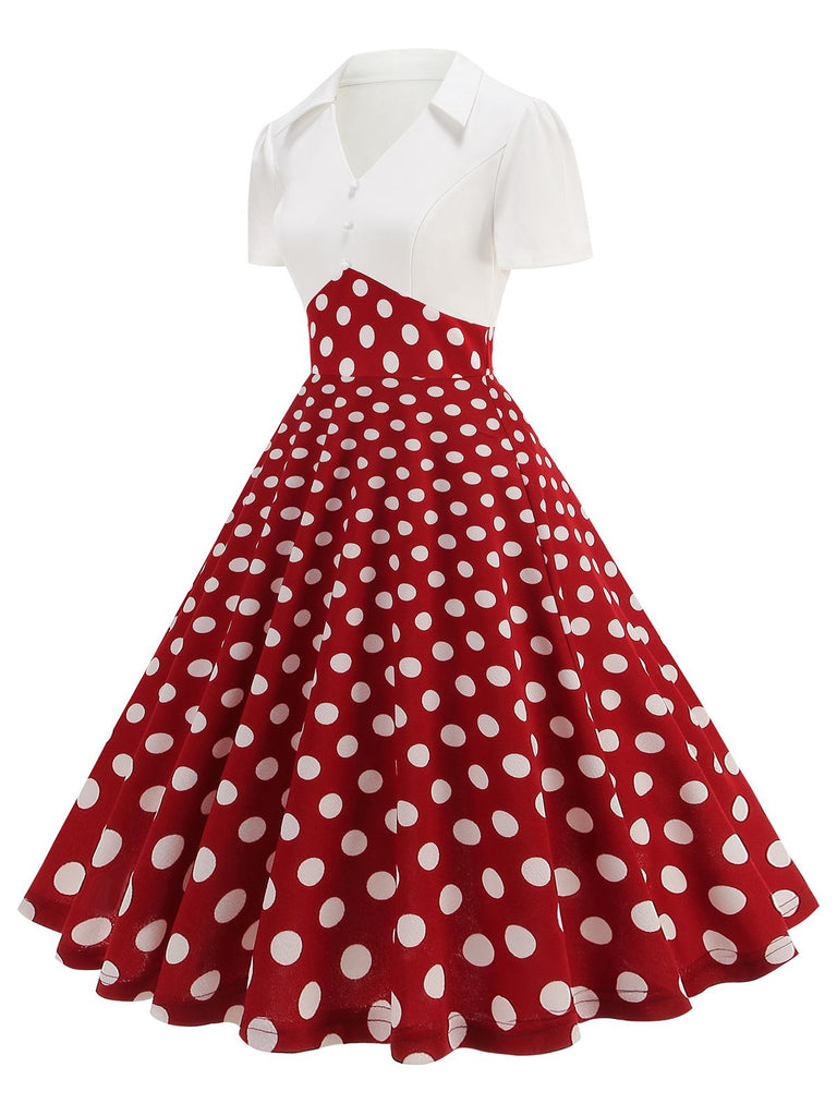 Robe trapèze à pois et revers des années 1950