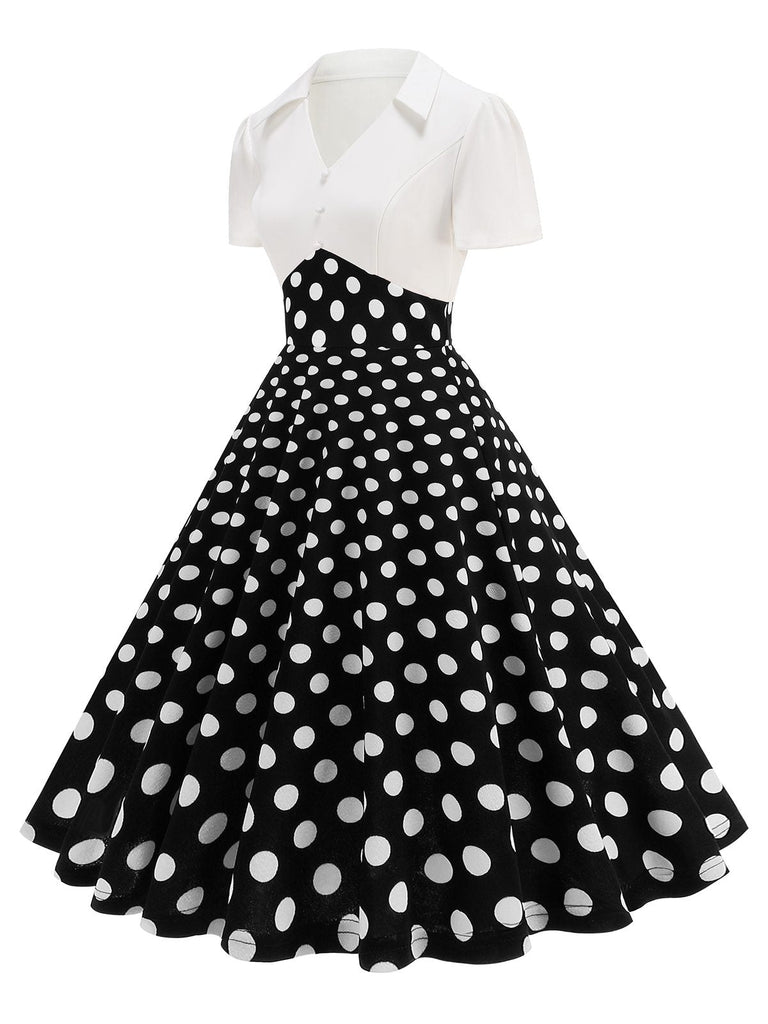 Robe trapèze à pois et revers des années 1950