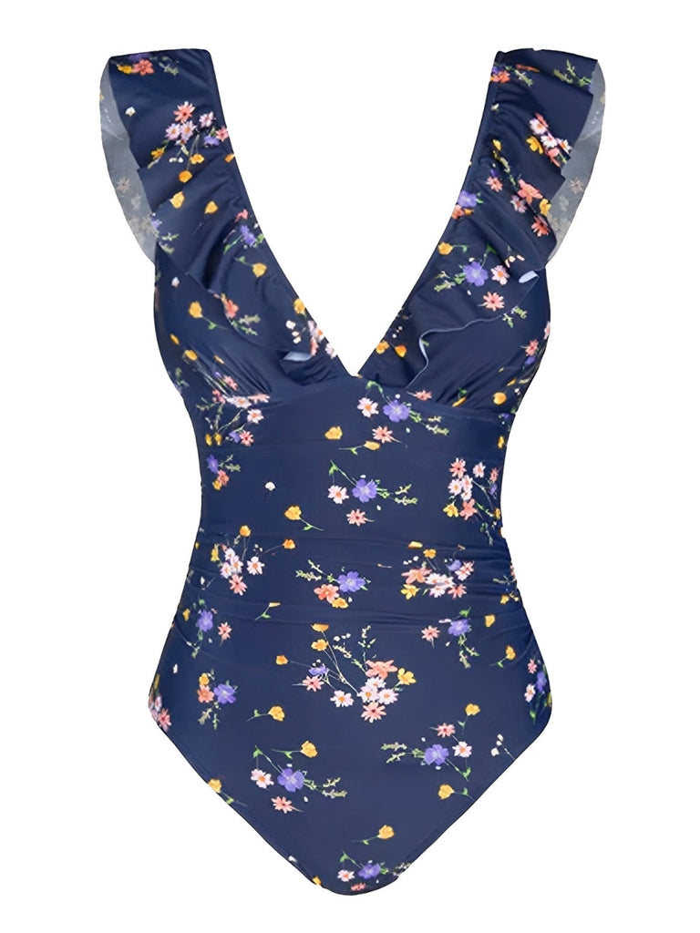 Maillot de bain multicolore à volants floraux et dos creux des années 1950