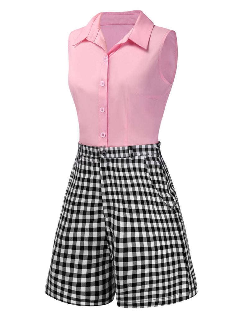 [Pré-vente] 2PCS chemisier sans manches rose et short à carreaux noir des années 60