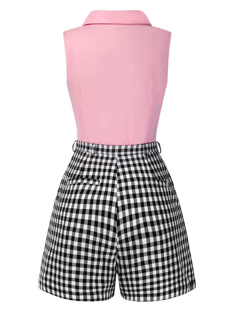 [Pré-vente] 2PCS chemisier sans manches rose et short à carreaux noir des années 60