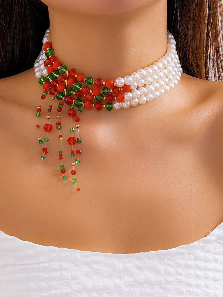 Collier de perles contrastées multicouches de Noël