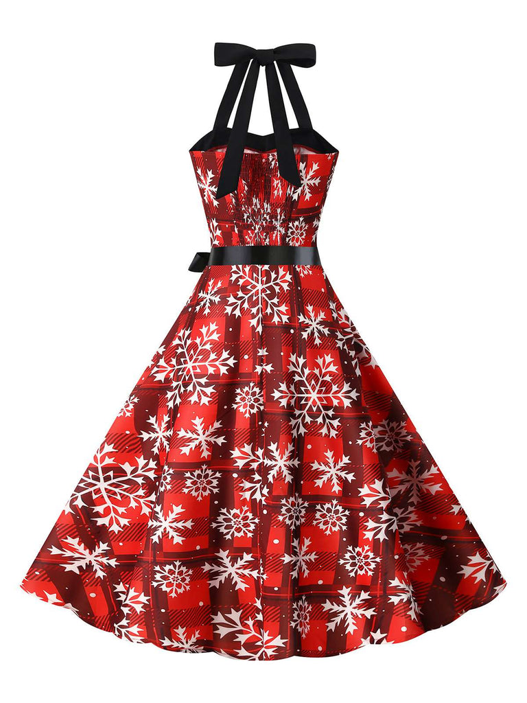 Robe évasée rouge à motif flocon de neige de Noël des années 1950