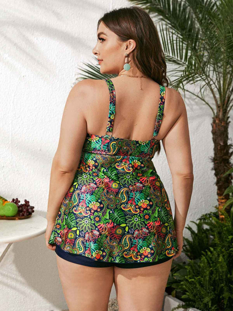 [Grande taille] Tankini vert à imprimé hippie avec nœud des années 1960