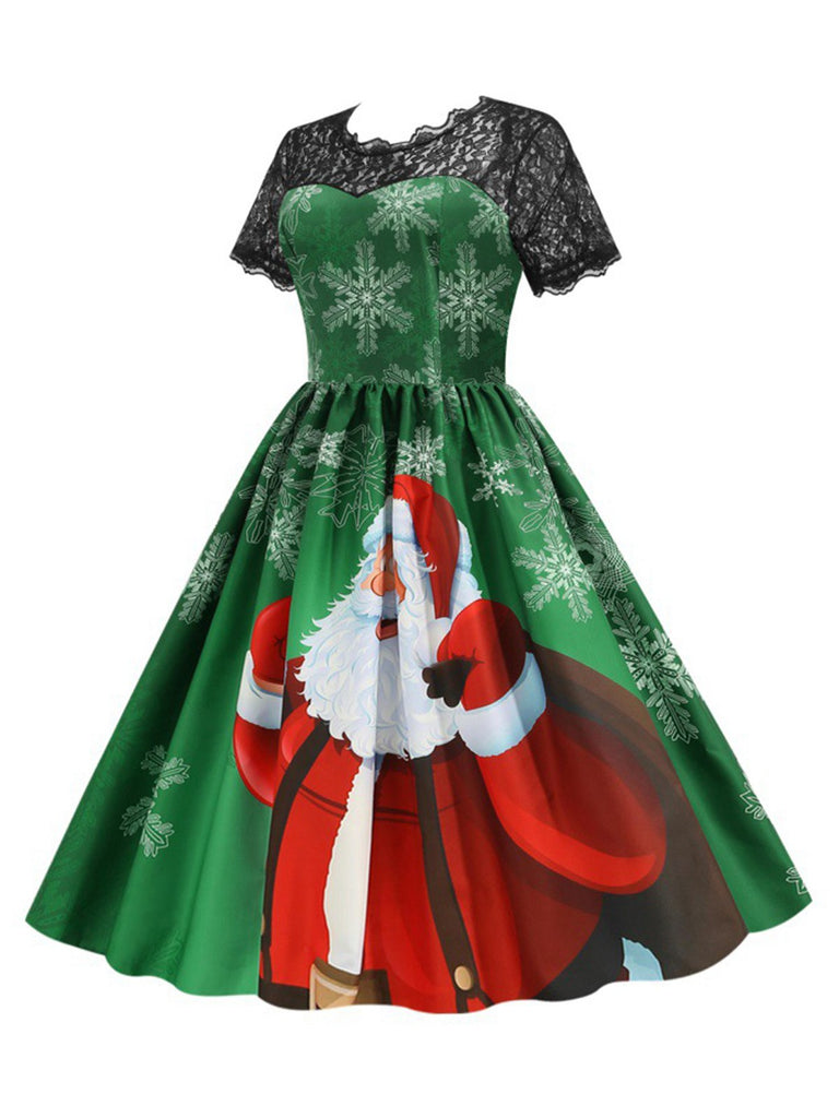 Robe patchwork en dentelle verte avec motif Père Noël des années 1950