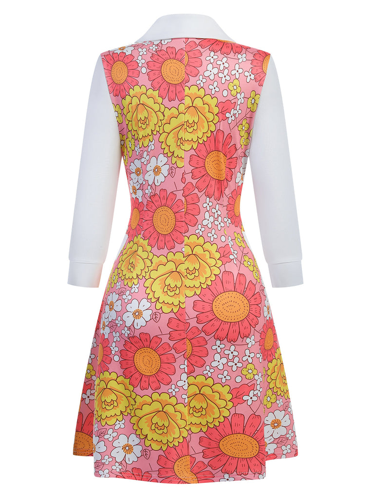 Robe patchwork à fleurs rose à revers des années 1960