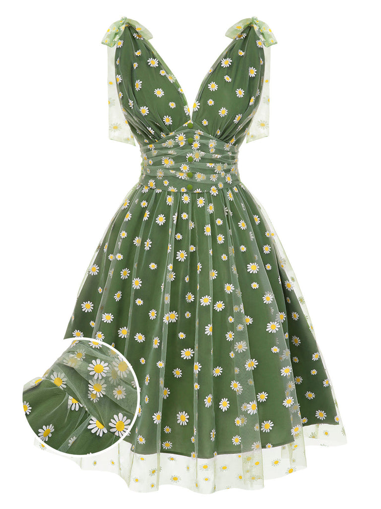 [Prévente] Robe trapèze verte en maille marguerite des années 1950