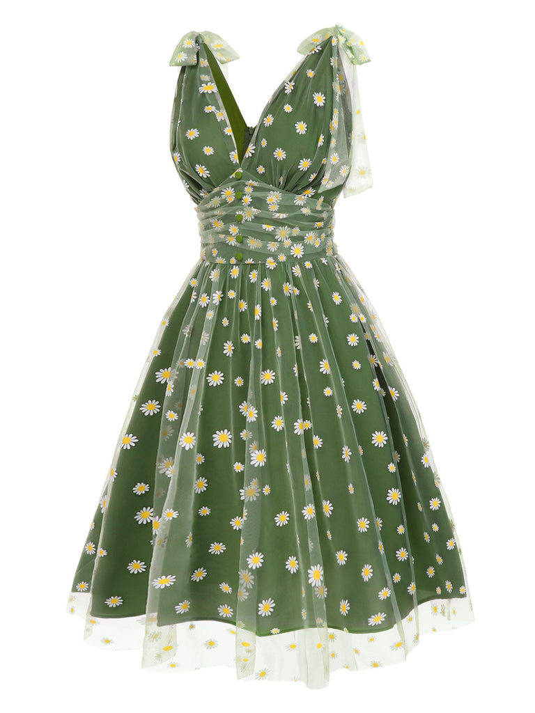 [Prévente] Robe trapèze verte en maille marguerite des années 1950