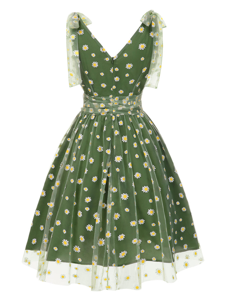 [Prévente] Robe trapèze verte en maille marguerite des années 1950