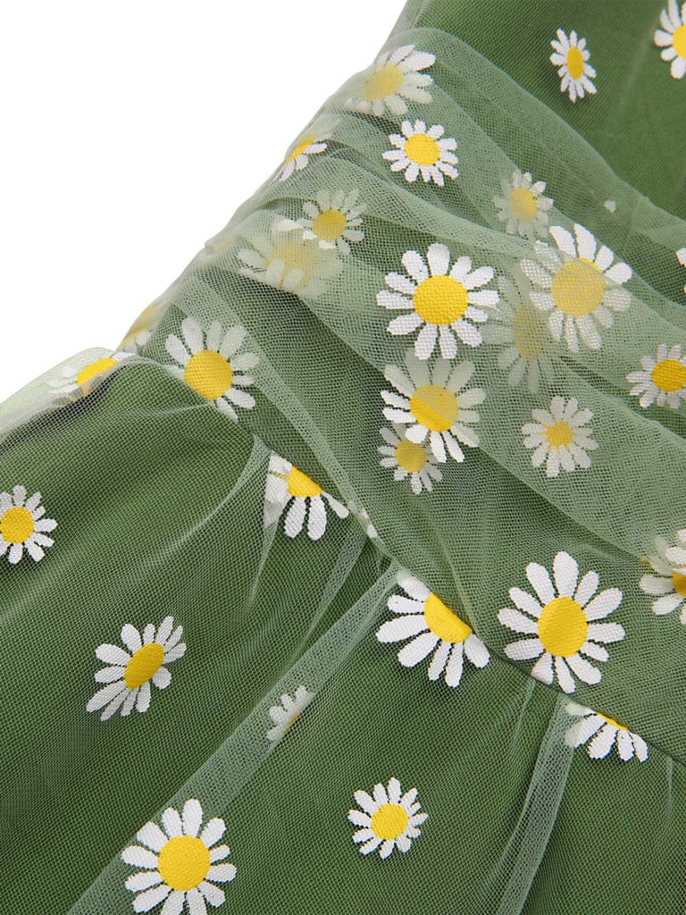 [Prévente] Robe trapèze verte en maille marguerite des années 1950