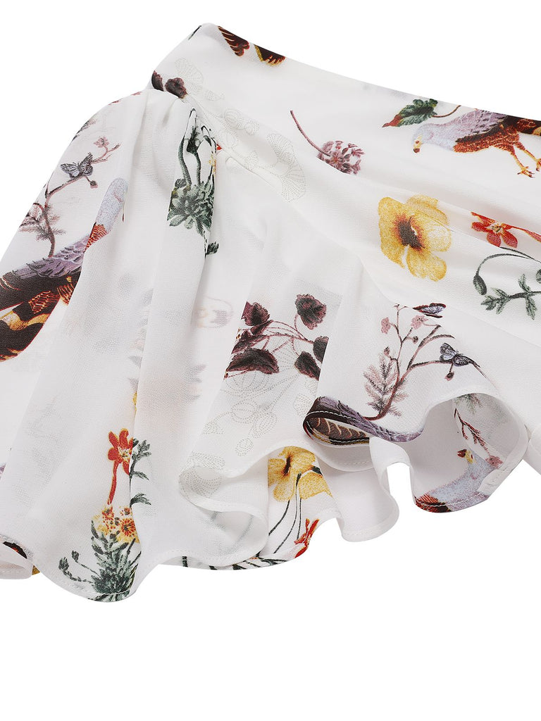 [Pré-vente] Robe blanche à col en V avec nœud et motifs de fleurs et d'oiseaux