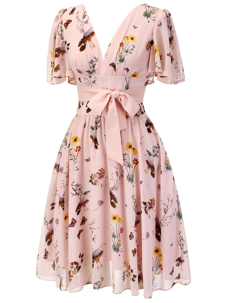 [Pré-vente] Robe blanche à col en V avec nœud et motifs de fleurs et d'oiseaux