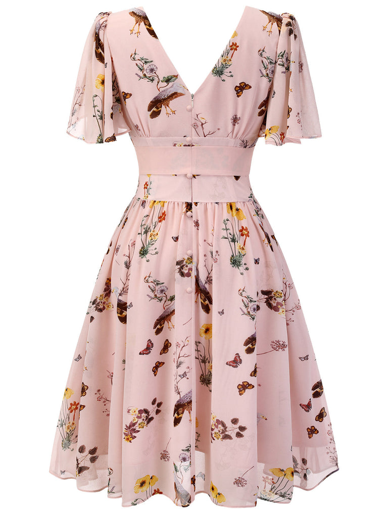 [Pré-vente] Robe blanche à col en V avec nœud et motifs de fleurs et d'oiseaux