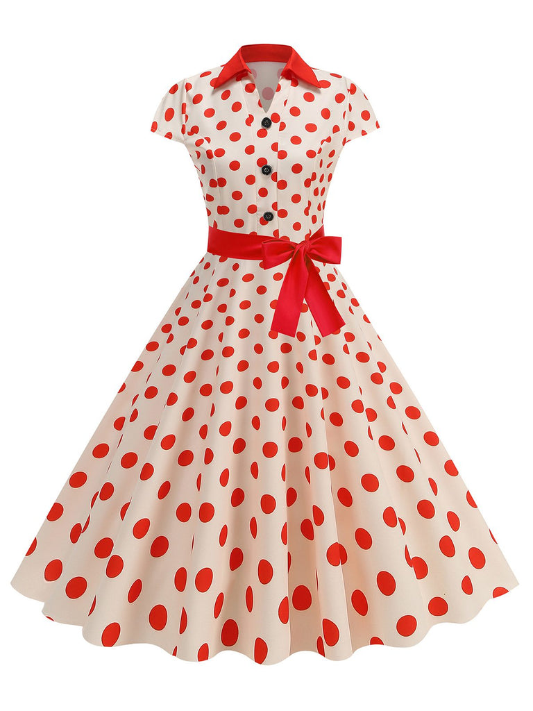 Robe trapèze à pois et nœud à revers des années 1950