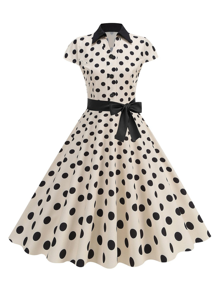 Robe trapèze à pois et nœud à revers des années 1950