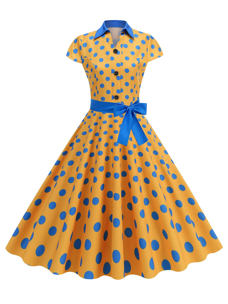 Robe trapèze à pois et nœud à revers des années 1950