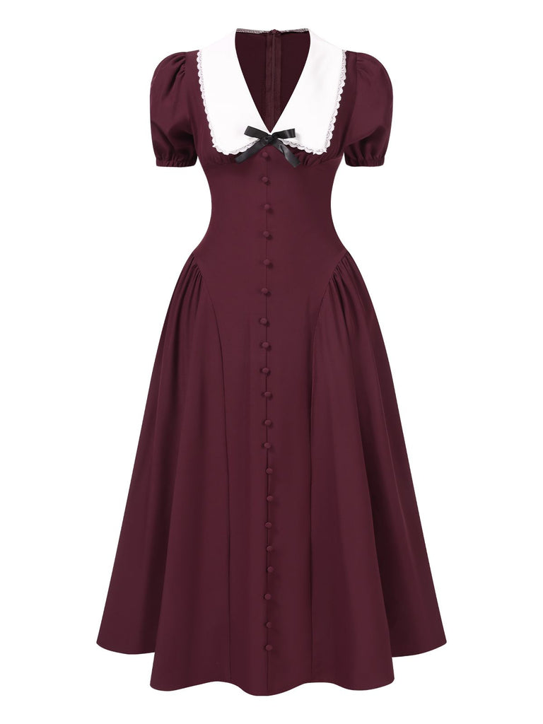 Robe bordeaux manches bouffantes à revers larges contrastées des années 1950