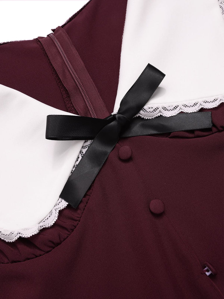 Robe bordeaux manches bouffantes à revers larges contrastées des années 1950