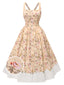 Robe trapèze à col carré et bretelles fleurs des années 1950