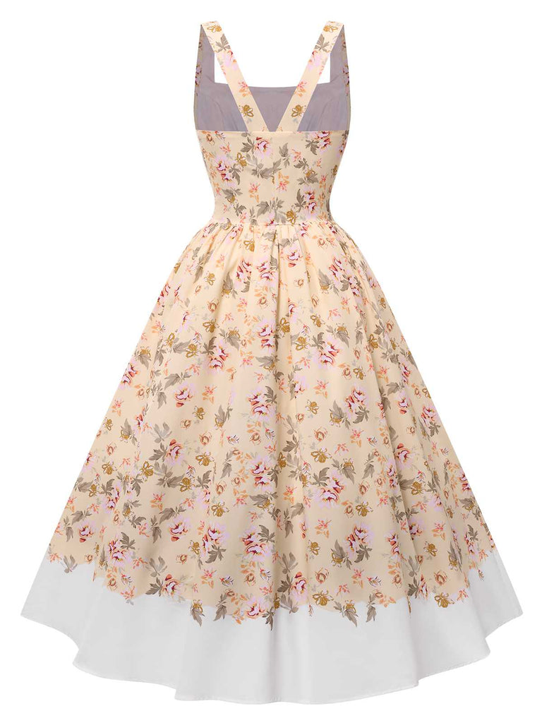 Robe trapèze à col carré et bretelles fleurs des années 1950