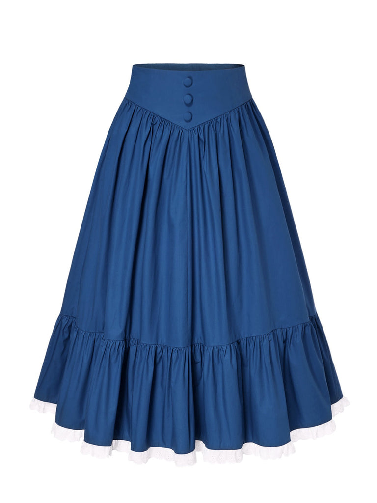 [Prévente] Jupe plissée en coton bleu des années 1940 avec ourlet en dentelle