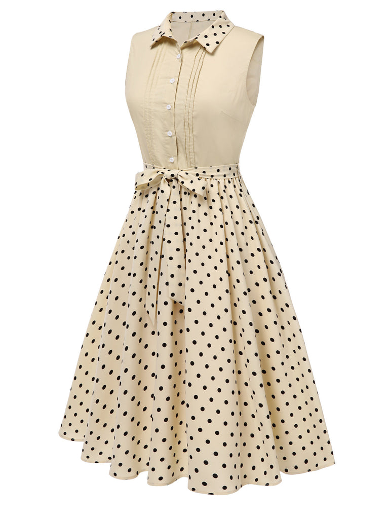 [Pré-vente] Robe chemise patchwork à pois en coton beige des années 1940