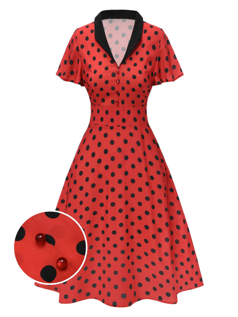 [Prévente] Robe rouge foncé à col en V et à pois des années 1950