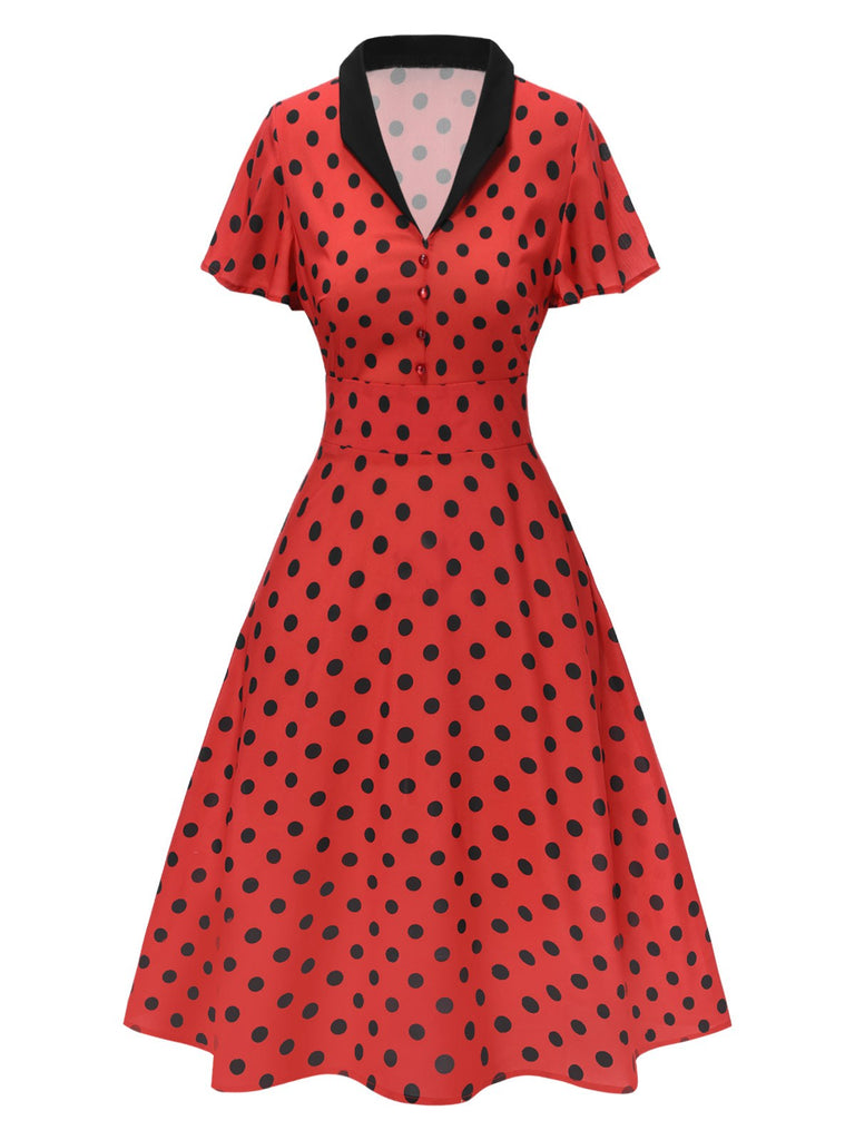 [Prévente] Robe rouge foncé à col en V et à pois des années 1950