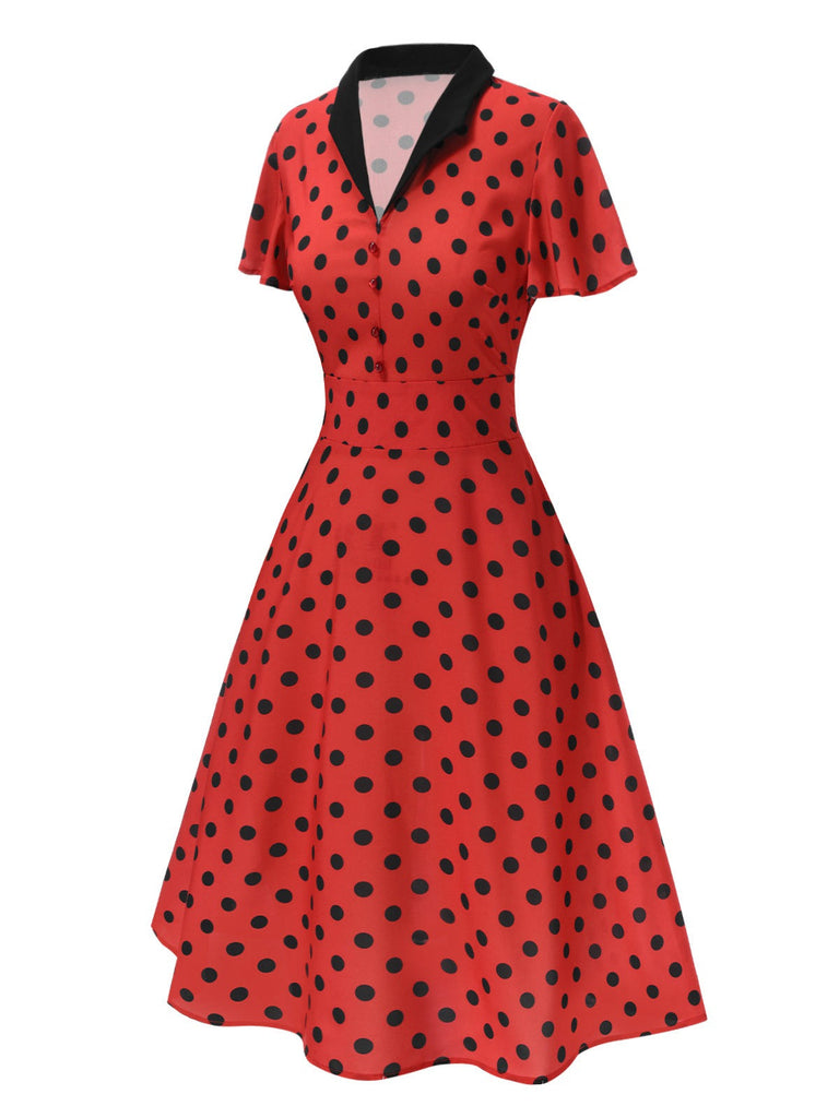 [Prévente] Robe rouge foncé à col en V et à pois des années 1950