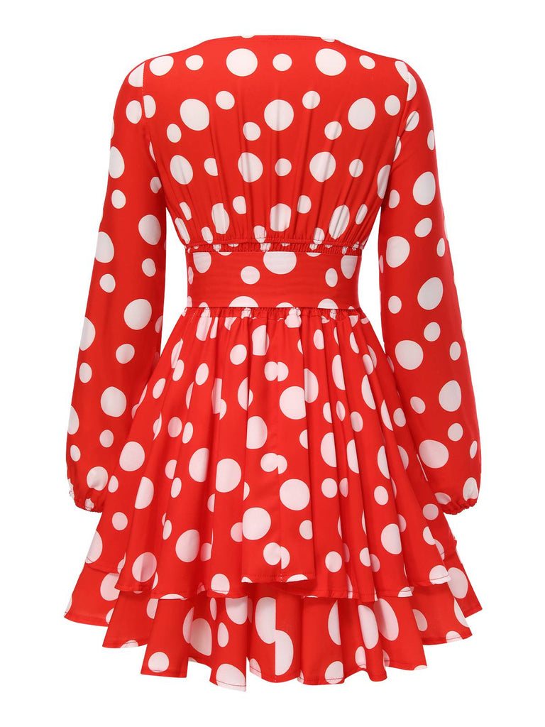 Robe rouge à manches lanternes et col en V à pois des années 1950