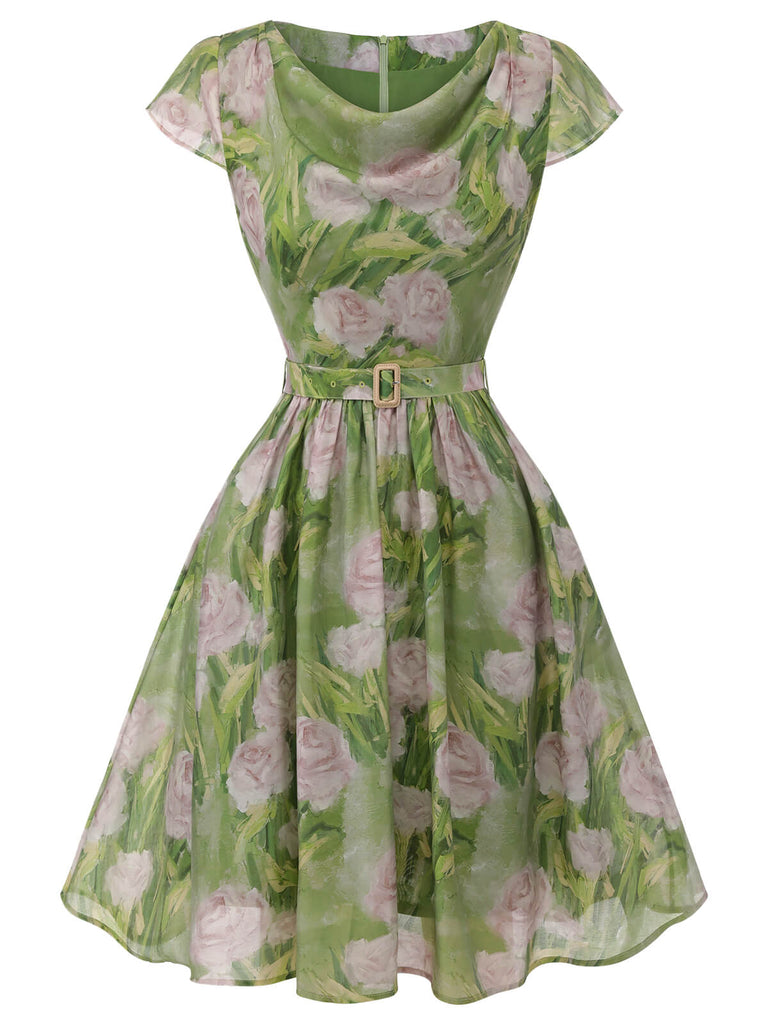 Robe rose peinte à l'huile verte des années 1960 Cocktail