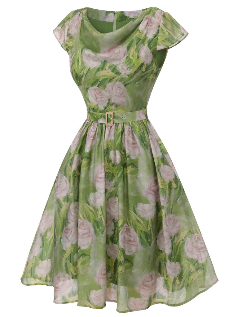 Robe rose peinte à l'huile verte des années 1960 Cocktail