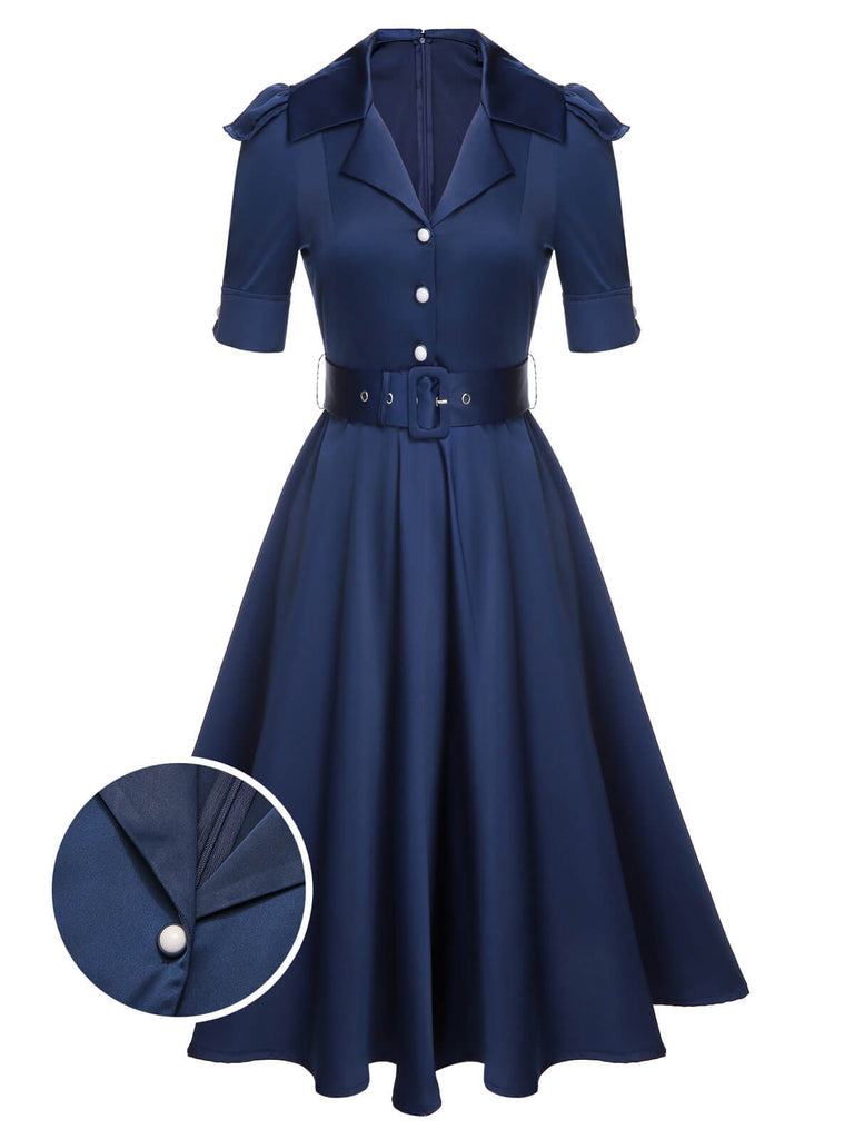 Robe à revers bleue unie à manches courtes des années 1940