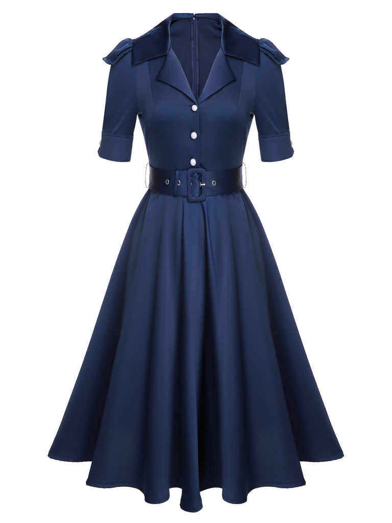 Robe à revers bleue unie à manches courtes des années 1940