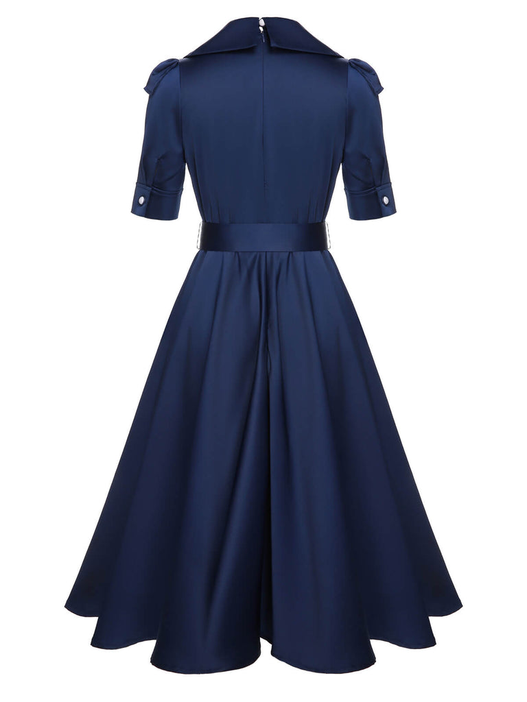 Robe à revers bleue unie à manches courtes des années 1940