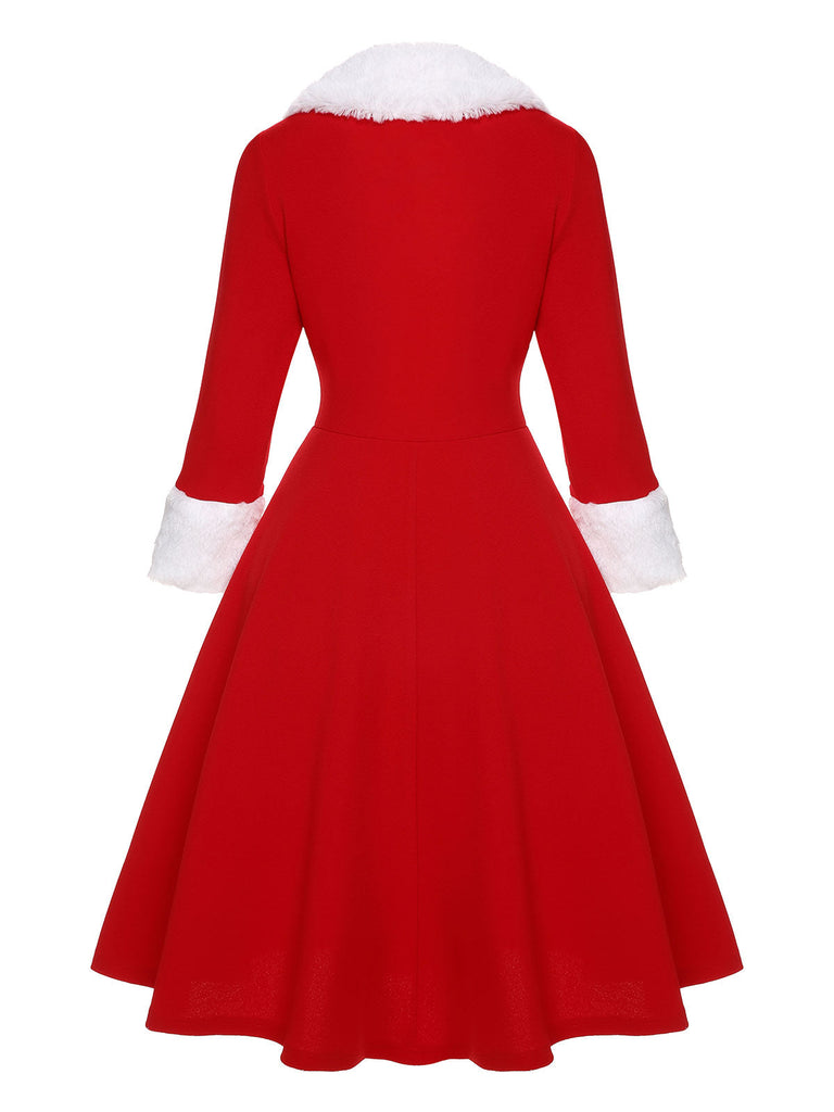 Robe à revers de Noël rouge et blanche en peluche des années 1950