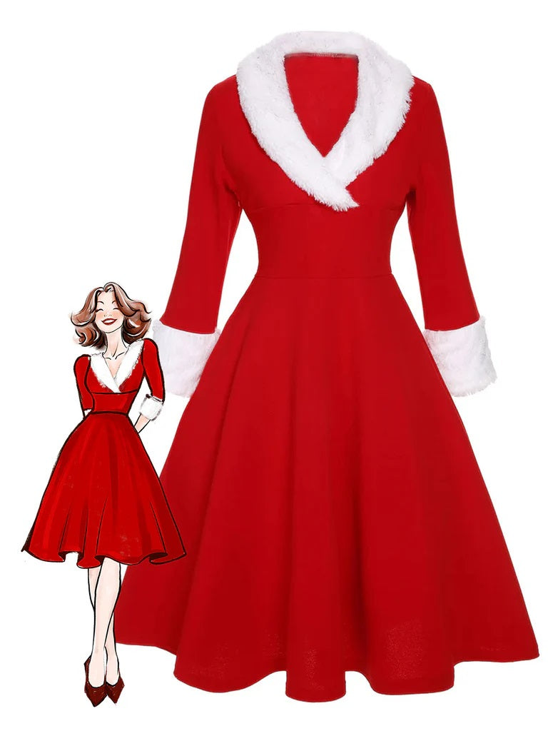 Robe à revers de Noël rouge et blanche en peluche des années 1950