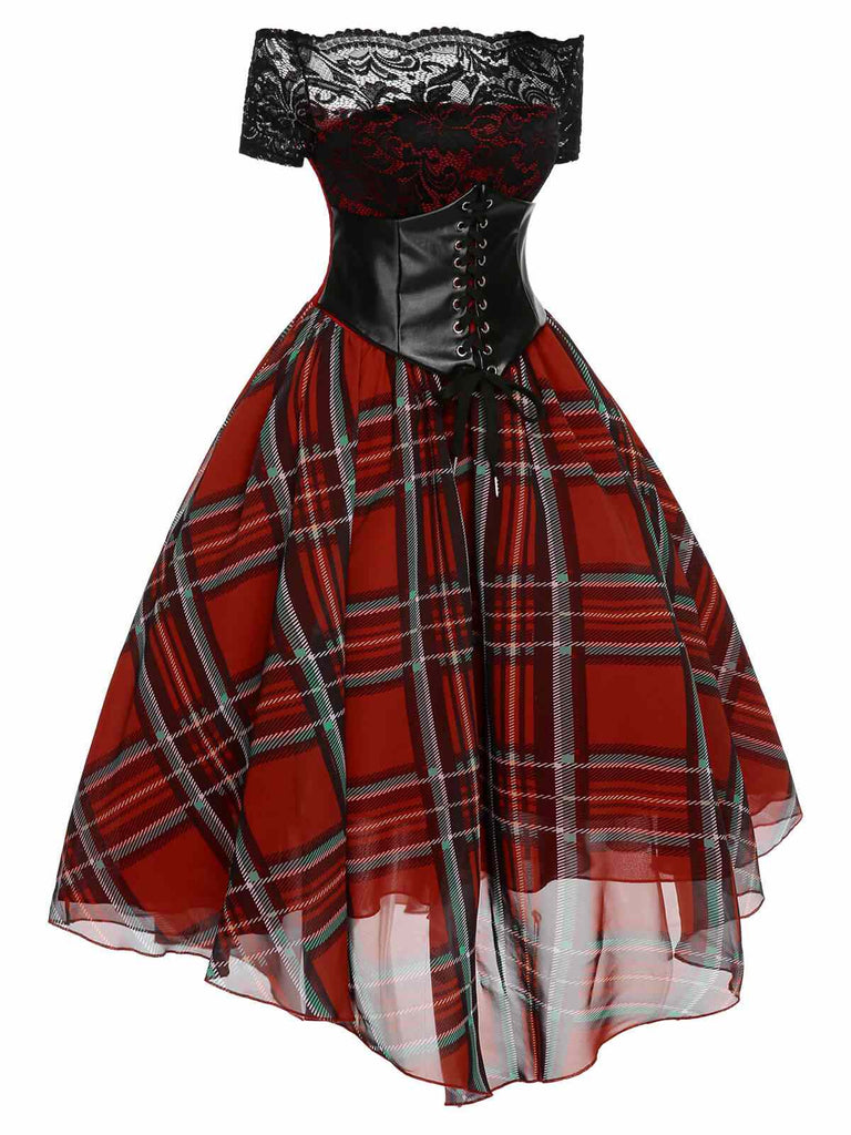 Robe ceinture à carreaux de Noël rouge des années 1950