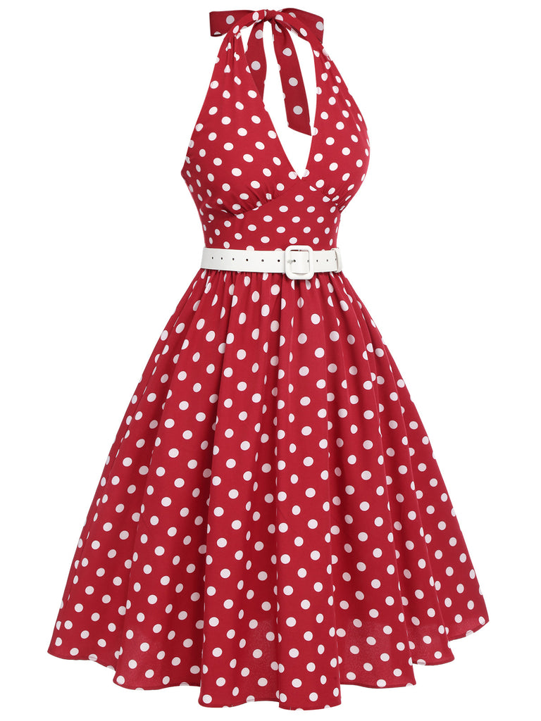 Robe dos nu à pois rouge des années 1950 avec ensemble d'accessoires